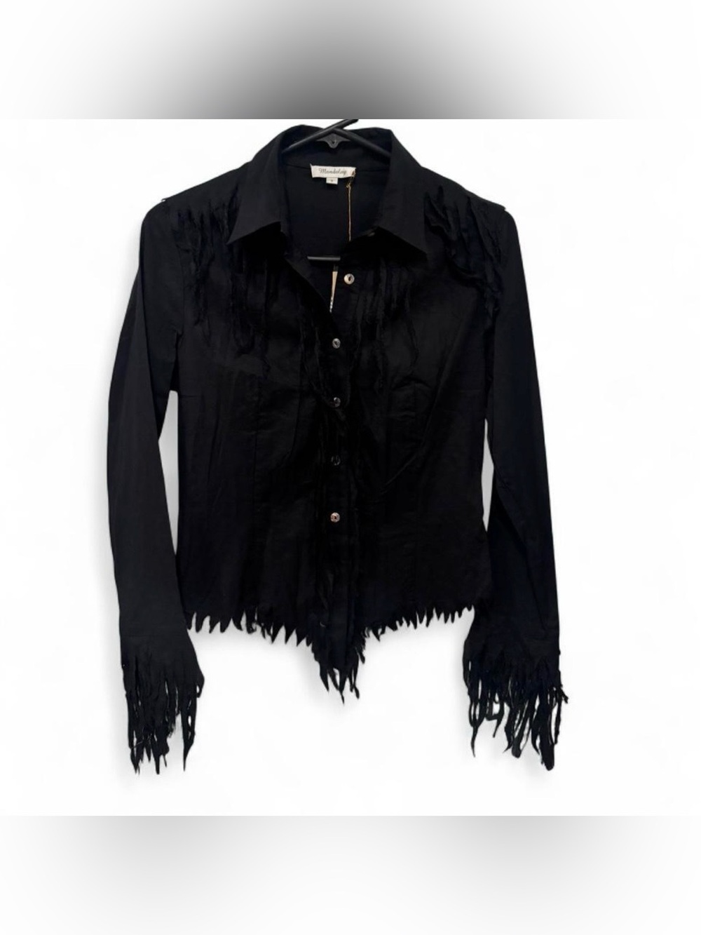 Vintage Black Fringe Button-Down Shirt - Women's Long Sleeve